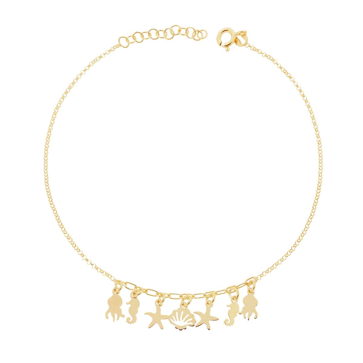 Cavigliera Catena Rolo Diamantata con Conchiglia Polipo Cavalluccio Marino e Stella Marina pendenti in ARGENTO 925 Galvanica Oro