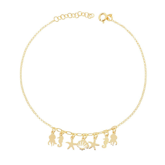 Cavigliera Catena Rolo Diamantata con Conchiglia Polipo Cavalluccio Marino e Stella Marina pendenti in ARGENTO 925 Galvanica Oro