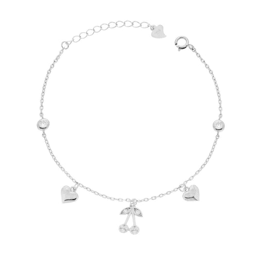 Bracciale Catena Forzatina Diamantata con Ciliegie Cuori pendenti e Zirconi Bianchi in ARGENTO 925 Galvanica Rodio