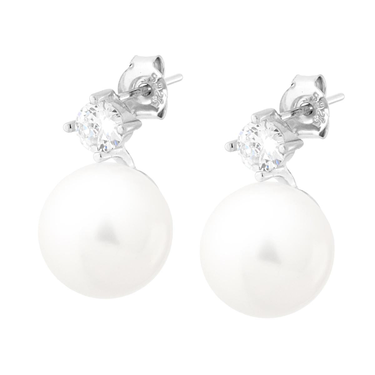 Orecchini Punto Luce Zircone Bianco con Perla mm 12 in ARGENTO 925 Galvanica Rodio