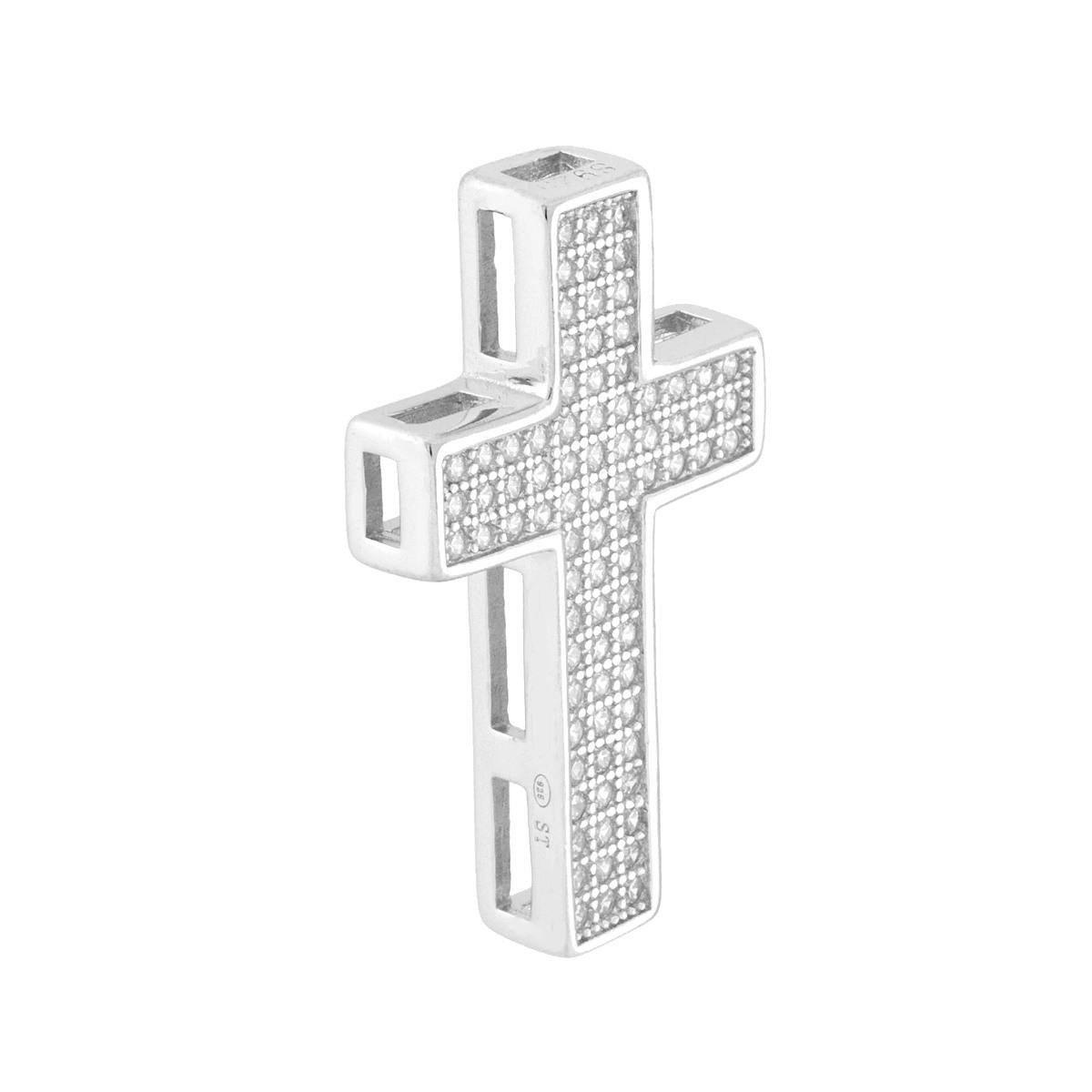 Ciondolo a forma di croce con passante per catena e zirconi bianchi incastonati, con lavorazione pavč.