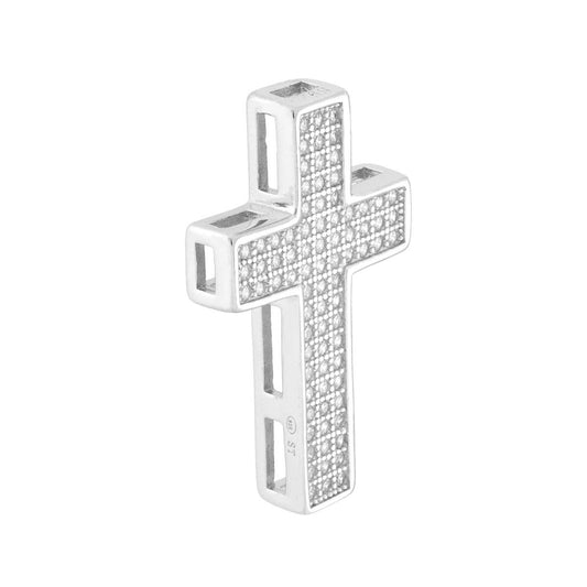 Ciondolo a forma di croce con passante per catena e zirconi bianchi incastonati, con lavorazione pavč.