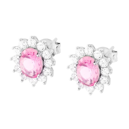 Orecchini Ovale Zircone Rosa contornato da Zirconi Bianchi in ARGENTO 925 Galvanica Rodio