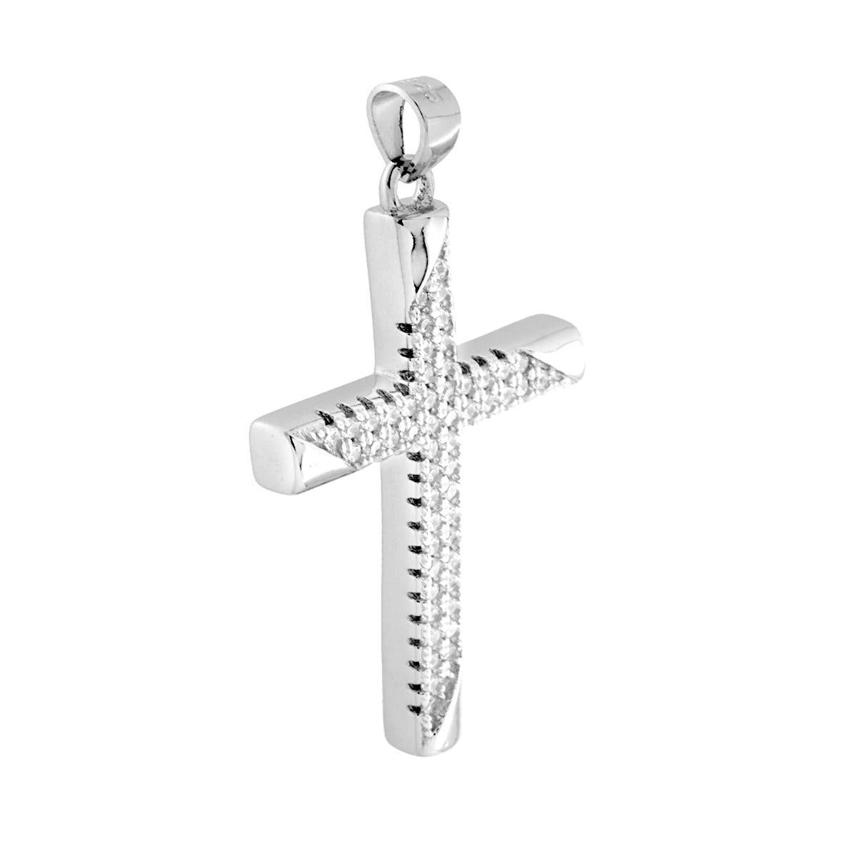 Ciondolo a forma di croce con zirconi bianchi incastonati e finitura lucida.