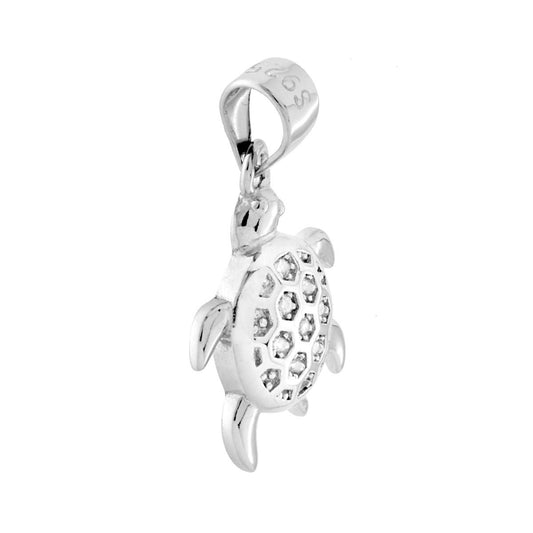 Ciondolo a forma di tartaruga con zirconi bianchi incastonati e finitura lucida.<BR>
