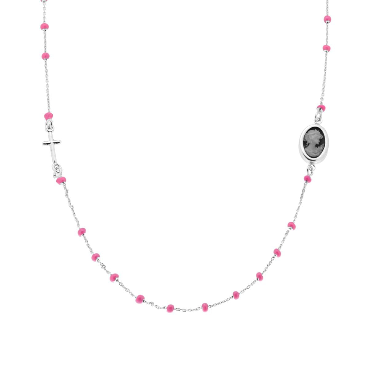 Collana Rosario modello Girocollo cm 50 con Grani Perline Smalto Rosa e Cammeo in ARGENTO 925 Galvanica Rodio