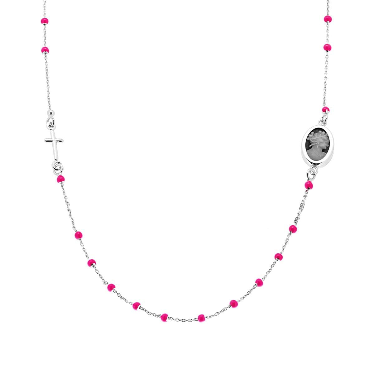 Collana Rosario modello Girocollo cm 50 con Grani Perline Smalto Rosa Fluo e Cammeo in ARGENTO 925 Galvanica Rodio