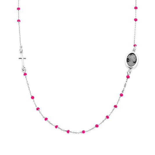 Collana Rosario modello Girocollo cm 50 con Grani Perline Smalto Rosa Fluo e Cammeo in ARGENTO 925 Galvanica Rodio