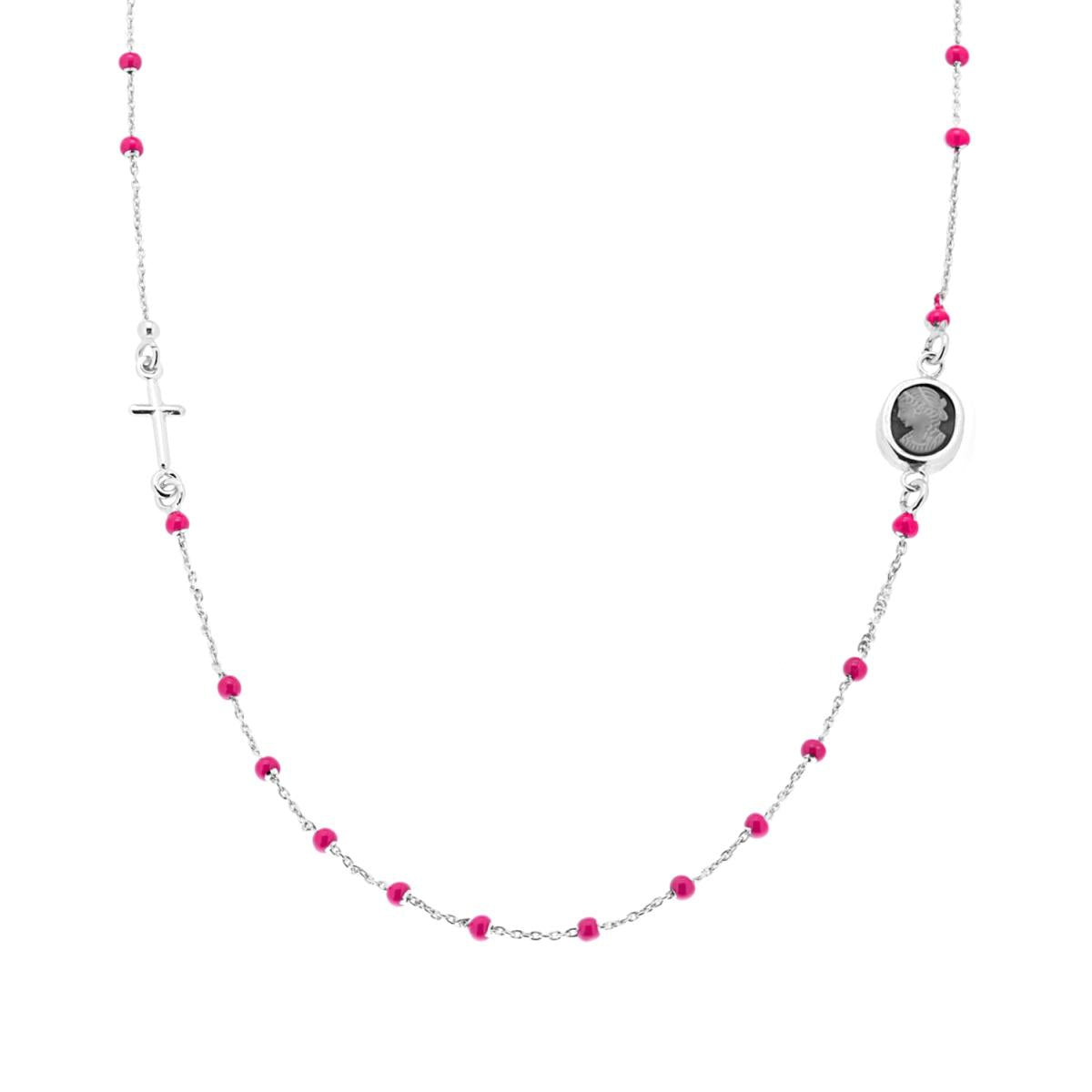 Collana Rosario modello Girocollo cm 50 con Grani Perline Smalto Rosa e Cammeo in ARGENTO 925 Galvanica Rodio