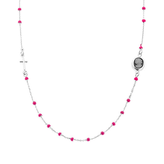 Collana Rosario modello Girocollo cm 50 con Grani Perline Smalto Rosa e Cammeo in ARGENTO 925 Galvanica Rodio