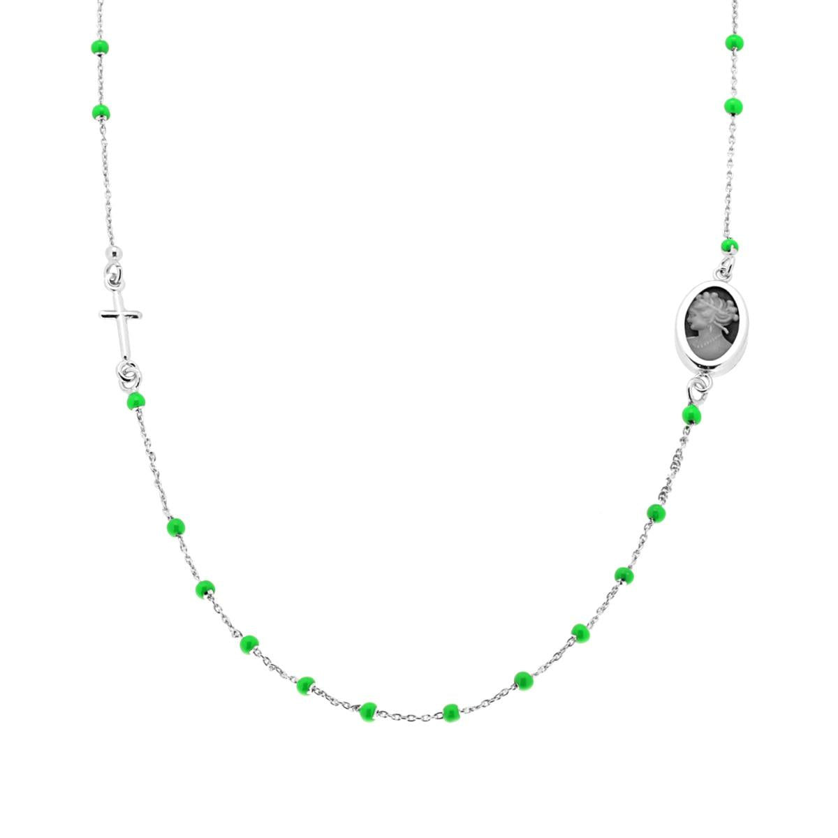 Collana Rosario modello Girocollo cm 50 con Grani Perline Smalto Verde Fluo e Cammeo in ARGENTO 925 Galvanica Rodio