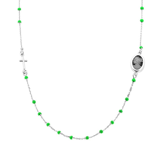 Collana Rosario modello Girocollo cm 50 con Grani Perline Smalto Verde Fluo e Cammeo in ARGENTO 925 Galvanica Rodio