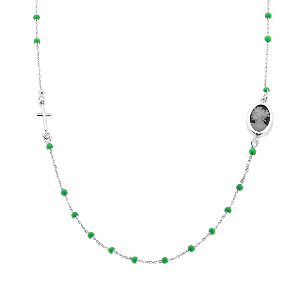 Collana Rosario modello Girocollo cm 50 con Grani Perline Smalto Verde e Cammeo in ARGENTO 925 Galvanica Rodio