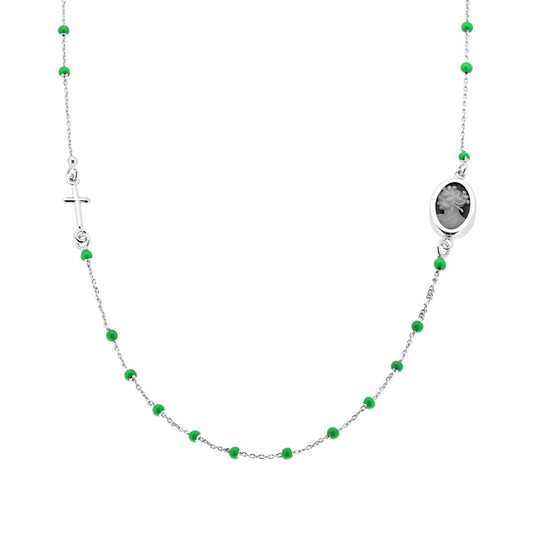 Collana Rosario modello Girocollo cm 50 con Grani Perline Smalto Verde e Cammeo in ARGENTO 925 Galvanica Rodio