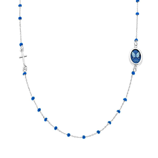 Collana Rosario modello Girocollo cm 50 con Grani Perline Smalto Azzurro e Cammeo in ARGENTO 925 Galvanica Rodio