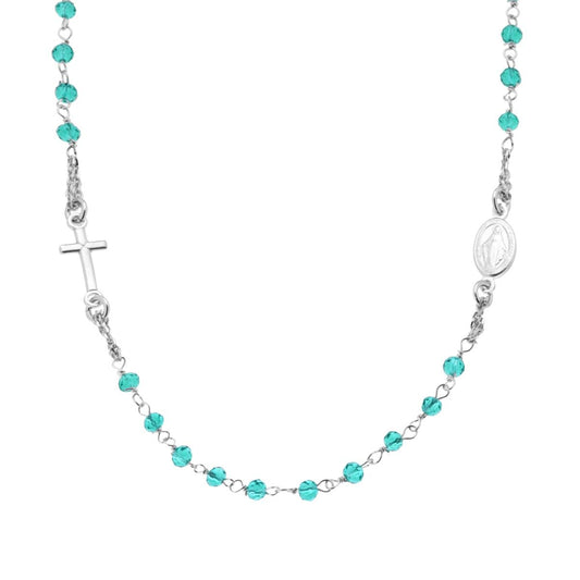 Collana Rosario modello Girocollo cm 50 con Grani mm 3.5 Crystal Verde Mare in ARGENTO 925 Galvanica Rodio