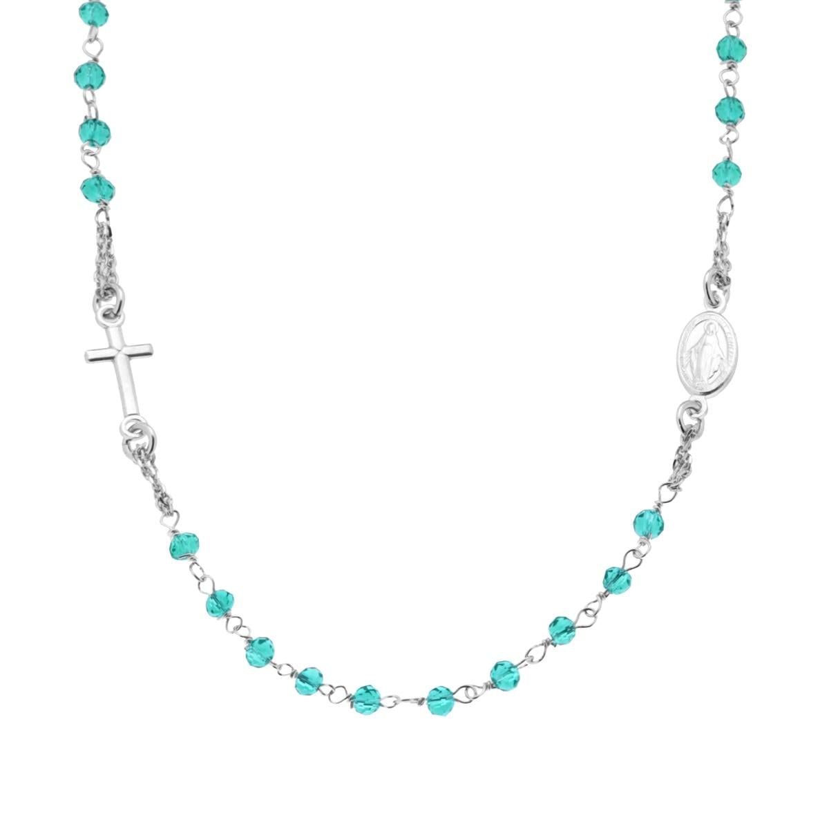 Collana Rosario modello Girocollo cm 50 con Grani mm 3.5 Crystal Verde Mare in ARGENTO 925 Galvanica Rodio
