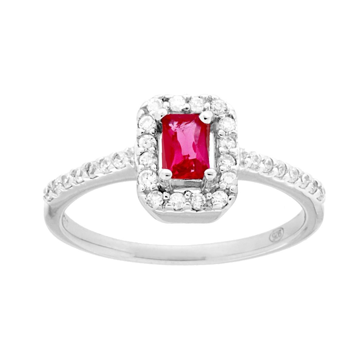 Anello Halo Solitario Rettangolo Cubic Zirconia Rosso Rubino e Zirconi Bianchi in ARGENTO 925 Galvanica Rodio