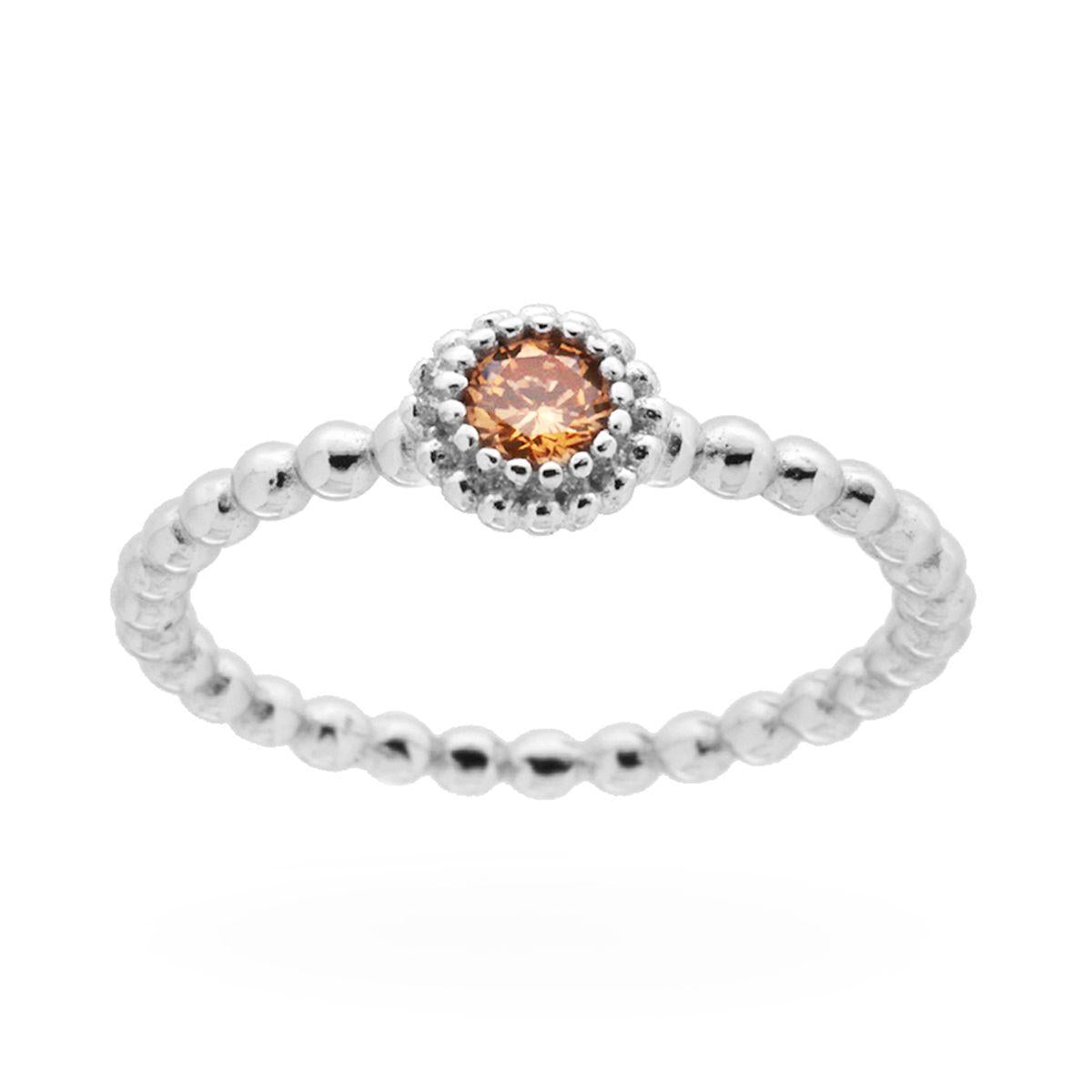 Anello Solitario con Gambo a Palline con Zircone Champagne in ARGENTO 925 Galvanica Rodio