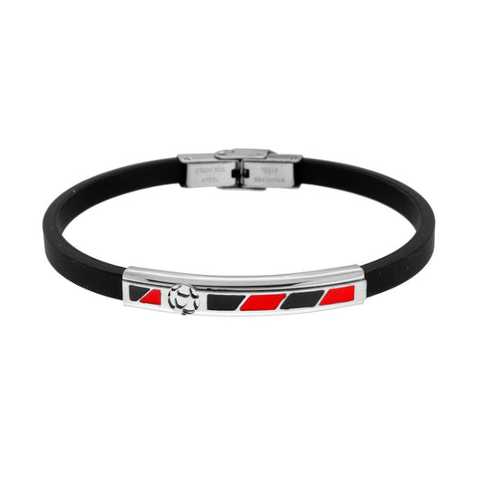 Bracciale in PVC Caucciu Nero con Targa Pallone Calcio e smalto Rosso Nero in ACCIAIO