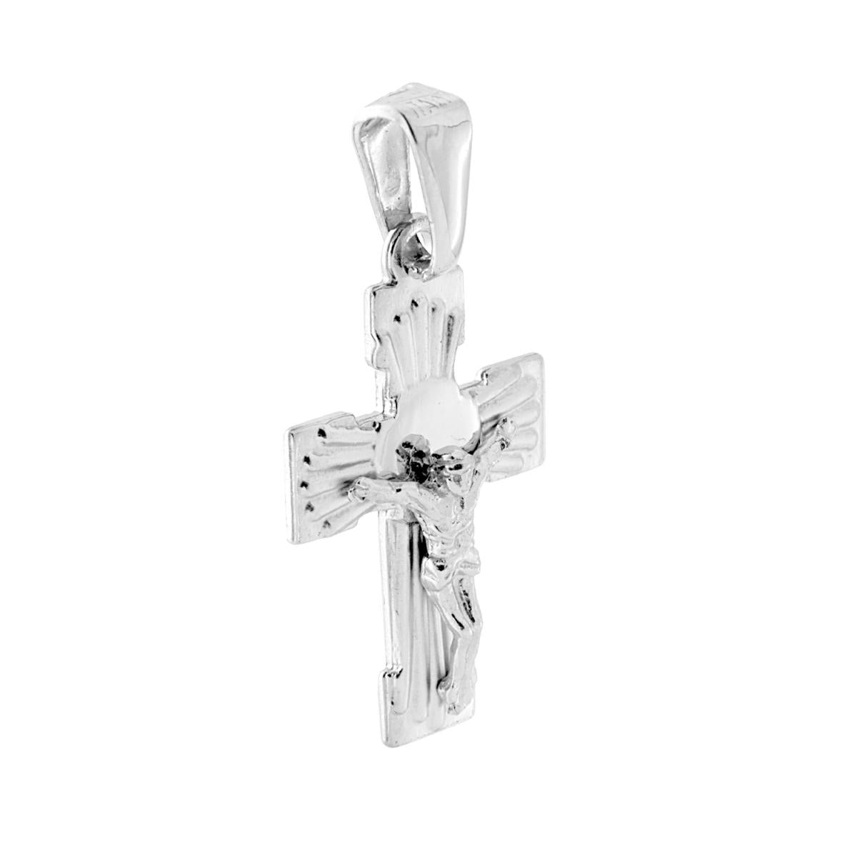 Ciondolo a forma di croce con figura di Ges Cristo a rilievo con raggi sole con finitura satinata e lucida.<BR>Made in Italy