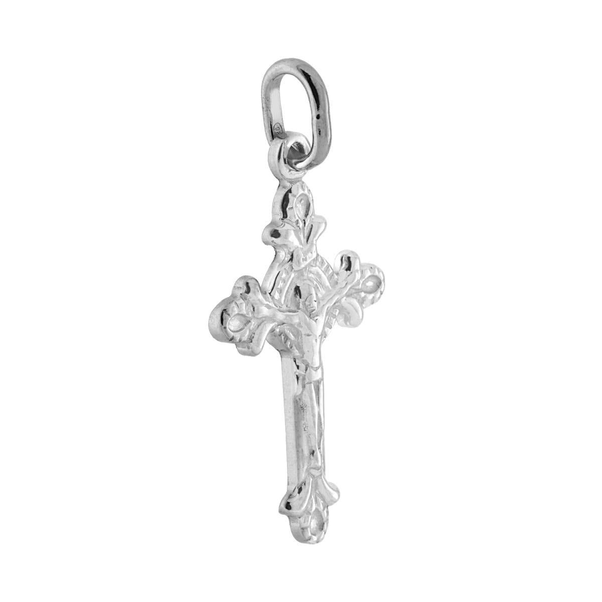Ciondolo a forma di croce con decori floreali con figura di Ges Cristo in bassorilievo con finitura lucida.<BR>Made in Italy