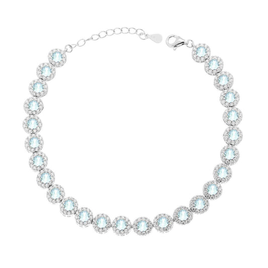 Bracciale Tennis Griffe cm 18+3 Fiore con Cubic Zirconia Acquamarina contornato da Cubic Zirconia Bianchi in ARGENTO 925 Galvanica Rodio