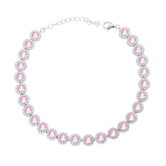 Bracciale Tennis Griffe cm 18+3 Fiore con Cubic Zirconia Rosa contornato da Cubic Zirconia Bianchi in ARGENTO 925 Galvanica Rodio