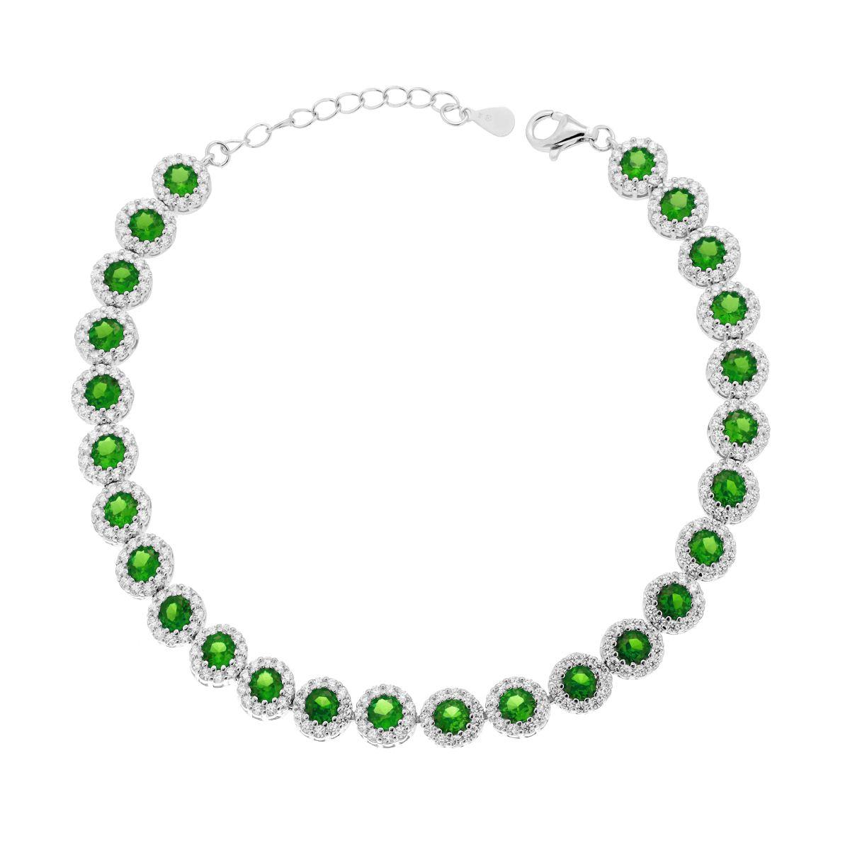 Bracciale Tennis Griffe cm 18+3 Fiore con Cubic Zirconia Verde Smeraldo contornato da Cubic Zirconia Bianchi in ARGENTO 925 Galvanica Rodio