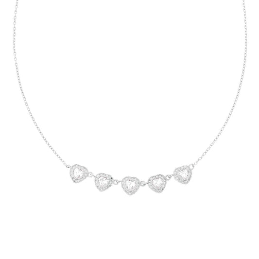 Collana Catena Forzatina Diamantata Cuori con Cubic Zirconia Bianchi contornati da Cubic Zirconia Bianchi in ARGENTO 925 Galvanica Rodio
