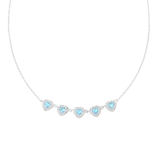 Collana Catena Forzatina Diamantata Cuori con Cubic Zirconia Acquamarina contornati da Cubic Zirconia Bianchi in ARGENTO 925 Galvanica Rodio