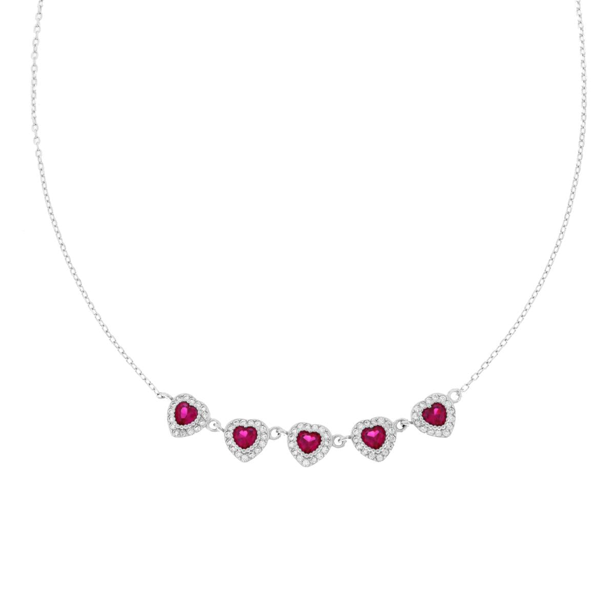 Collana Catena Forzatina Diamantata Cuore con Zircone Rosso Rubino contornato con Zirconi Bianchi in ARGENTO 925 Galvanica Rodio