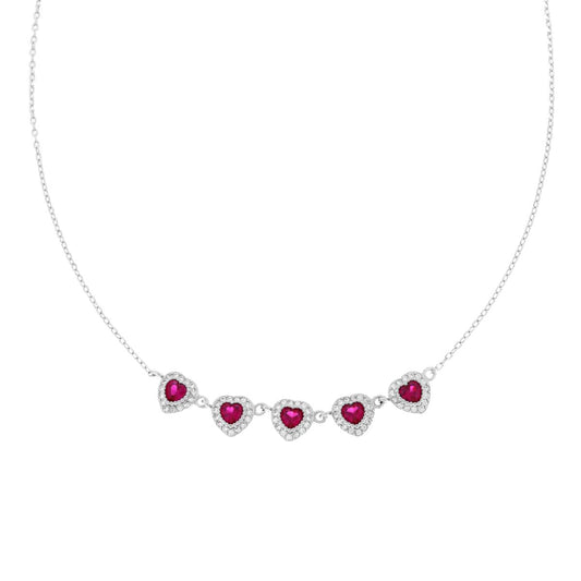 Collana Catena Forzatina Diamantata Cuore con Zircone Rosso Rubino contornato con Zirconi Bianchi in ARGENTO 925 Galvanica Rodio