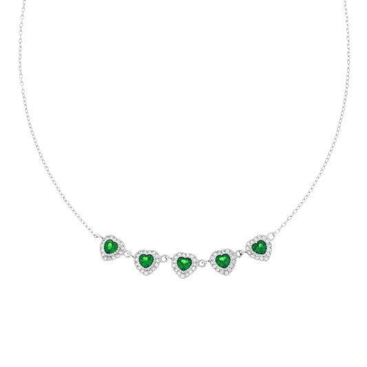 Collana Catena Forzatina Diamantata Cuori con Cubic Zirconia Verde Smeraldo contornati da Cubic Zirconia Bianchi in ARGENTO 925 Galvanica Rodio