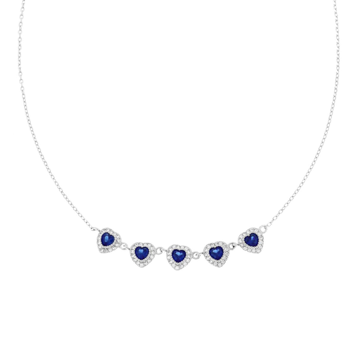 Collana Catena Forzatina Diamantata Cuori con Cubic Zirconia Blu Zaffiro contornati da Cubic Zirconia Bianchi in ARGENTO 925 Galvanica Rodio