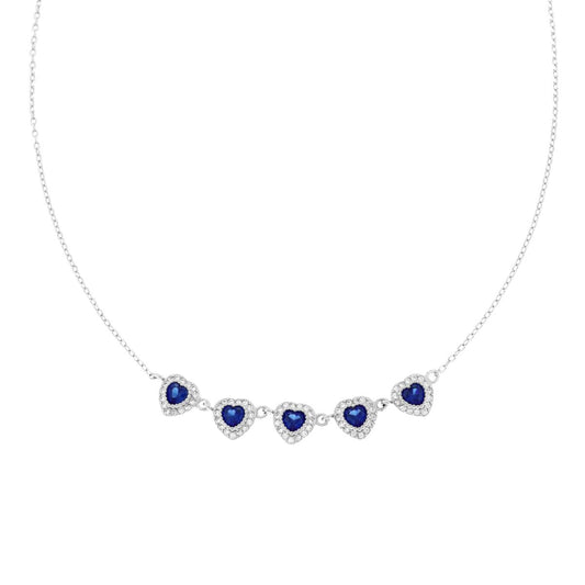 Collana Catena Forzatina Diamantata Cuori con Cubic Zirconia Blu Zaffiro contornati da Cubic Zirconia Bianchi in ARGENTO 925 Galvanica Rodio