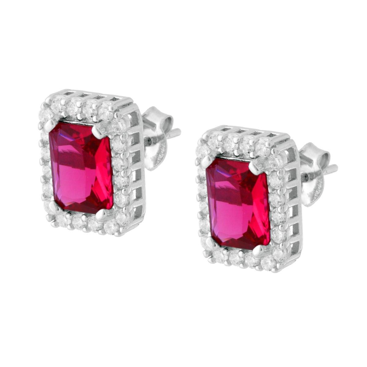 Orecchini Rettangolari con Cubic Zirconia Rosso Rubino contornato da Cubic Zirconia Bianchi in ARGENTO 925 Galvanica Rodio