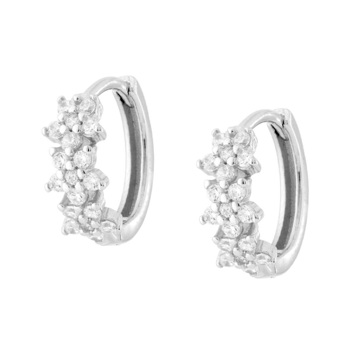 Orecchini Cerchio Fiori con Cubic Zirconia Bianchi in ARGENTO 925 Galvanica Rodio