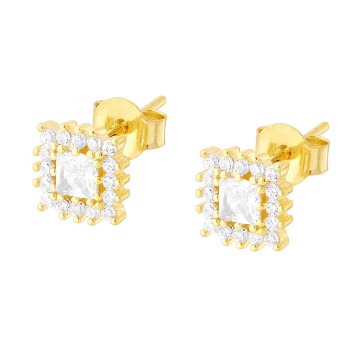 Orecchini Quadrato con Cubic Zirconia Bianchi in ARGENTO 925 Galvanica Oro
