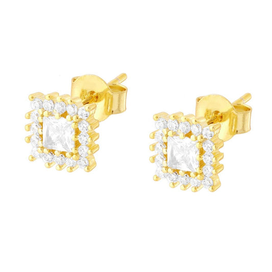 Orecchini Quadrato con Cubic Zirconia Bianchi in ARGENTO 925 Galvanica Oro