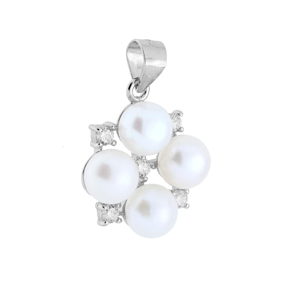 Ciondolo a forma di Fiore con perle bianche in vetro perlato e cubic zirconia bianchi montati su 4 Griffe.<BR>