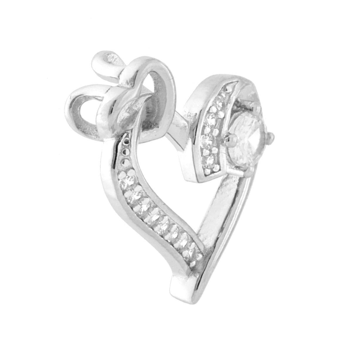 Ciondolo a forma di cuore con Passante per Catena con cuoricino con finitura liscia e lucida e cubic zirconia bianchi incastonati.<BR>