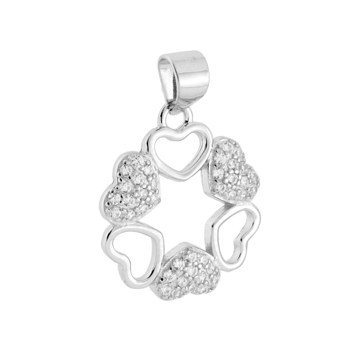 Ciondolo a forma di Ghirlanda di Cuori con finitura liscia e lucida e cubic zirconia bianchi incastonati.<BR>
