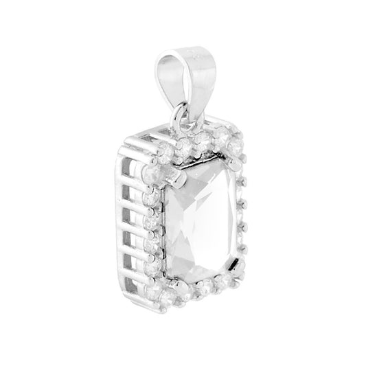 Ciondolo di forma rettangolare con cubic zirconia centrale colore Bianco e cubic zirconia bianchi incastonati intorno.