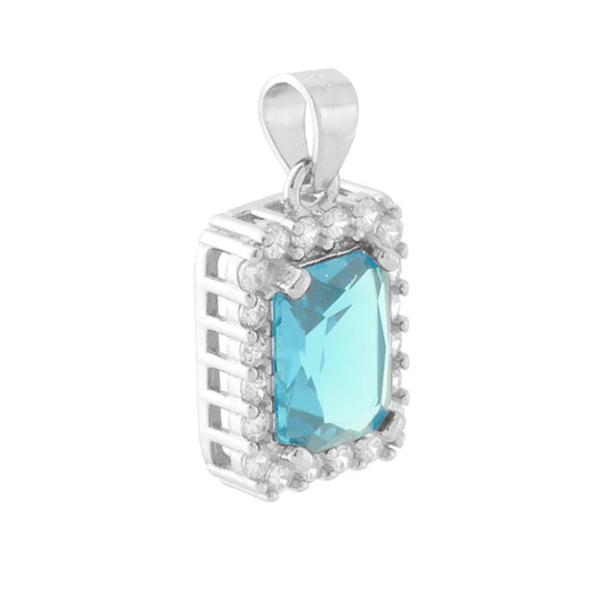 Ciondolo di forma rettangolare con cubic zirconia centrale colore Acquamarina e cubic zirconia bianchi incastonati intorno.<BR>