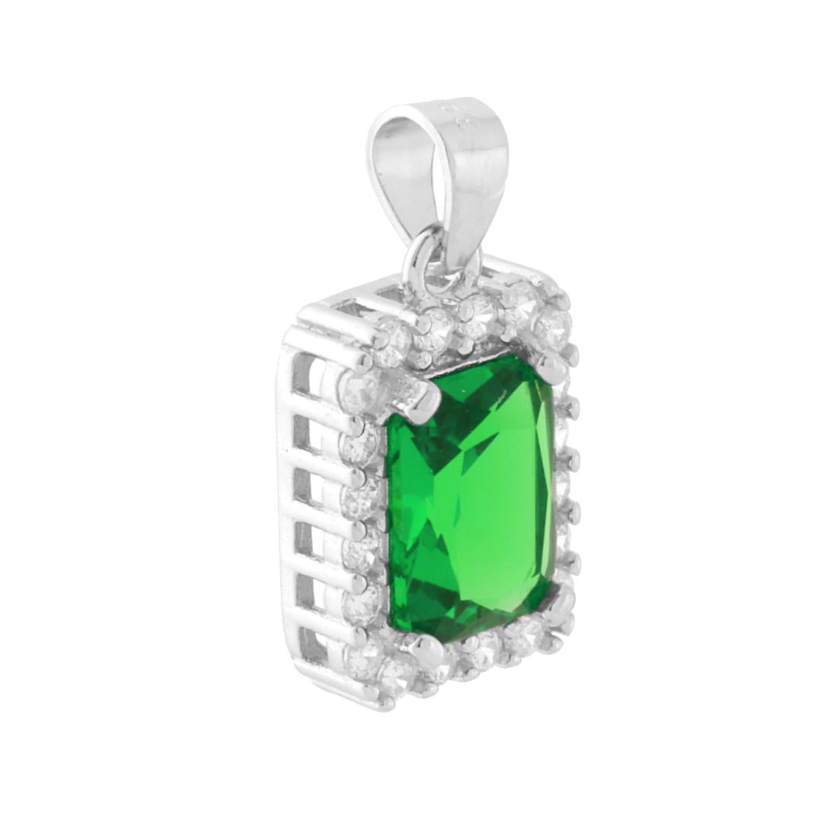 Ciondolo di forma rettangolare con cubic zirconia centrale colore Verde Smeraldo e cubic zirconia bianchi incastonati intorno.<BR>