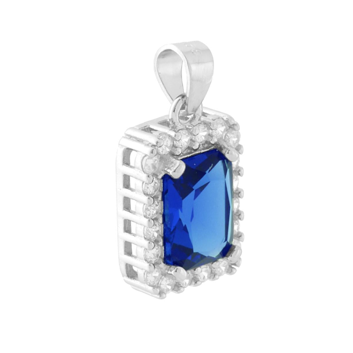 Ciondolo di forma rettangolare con cubic zirconia centrale colore Blu Zaffiro e cubic zirconia bianchi incastonati intorno.
