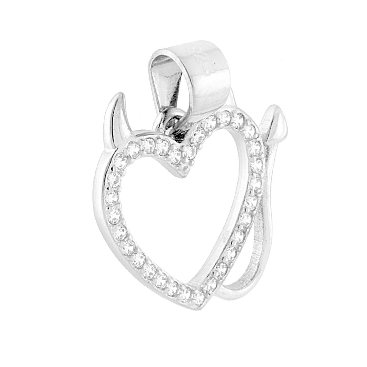 Ciondolo a forma di cuore diavoletto con corna e coda e cubic zirconia bianchi incastonati.<BR>