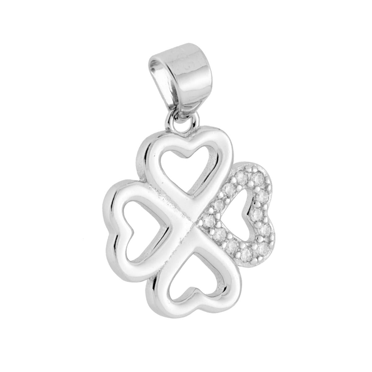 Ciondolo a forma di Quadrifoglio con finitura liscia e lucida e cubic zirconia bianchi incastonati.