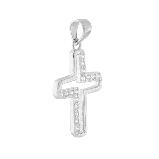 Ciondolo a forma di croce con finitura liscia e lucida e cubic zirconia bianchi incastonati.